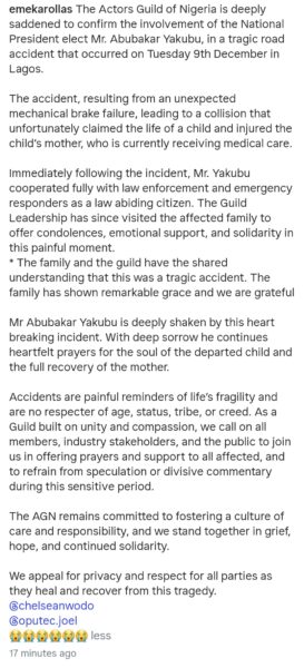 AGN reacts to the involvement of its president-elect in accident that claimed the life of a child