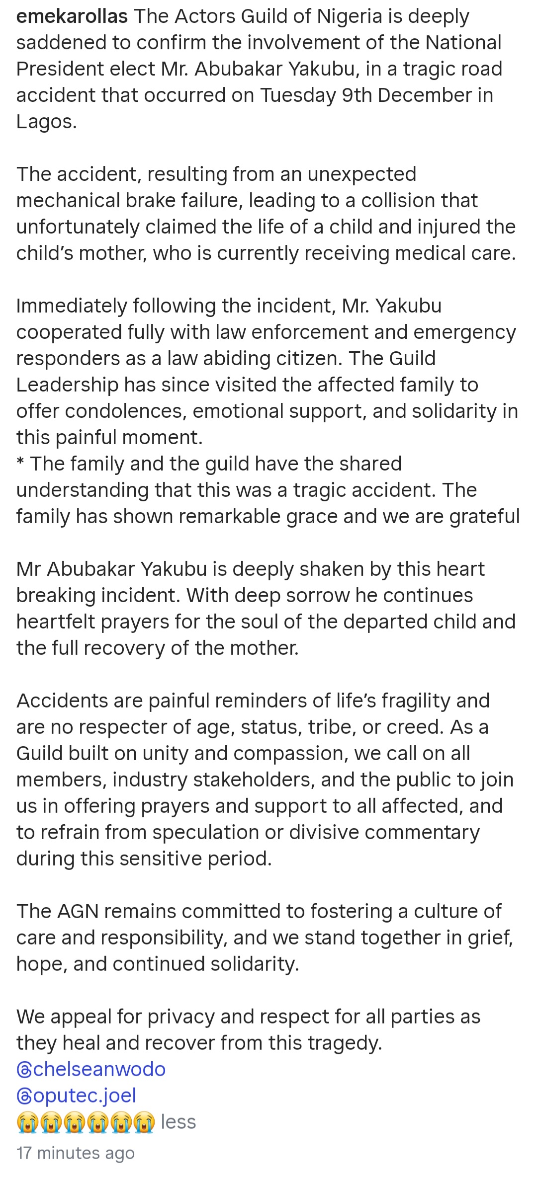 AGN reacts to the involvement of its president-elect in accident that claimed the life of a child