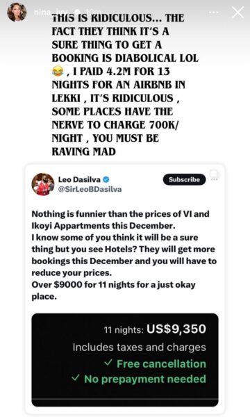 “700k per night? You must be m@d” — BBN’s Leo DaSilva and Nina blow hot over outrageous December short-let apartment prices in Lagos