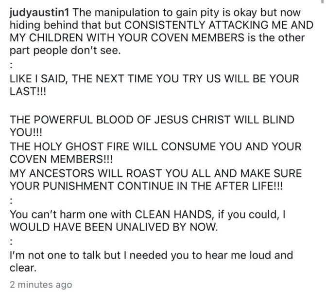 Actress Judy Austin Edochie sends ‘last warning’ to an unnamed w!tch and her coven members who attacked her recently