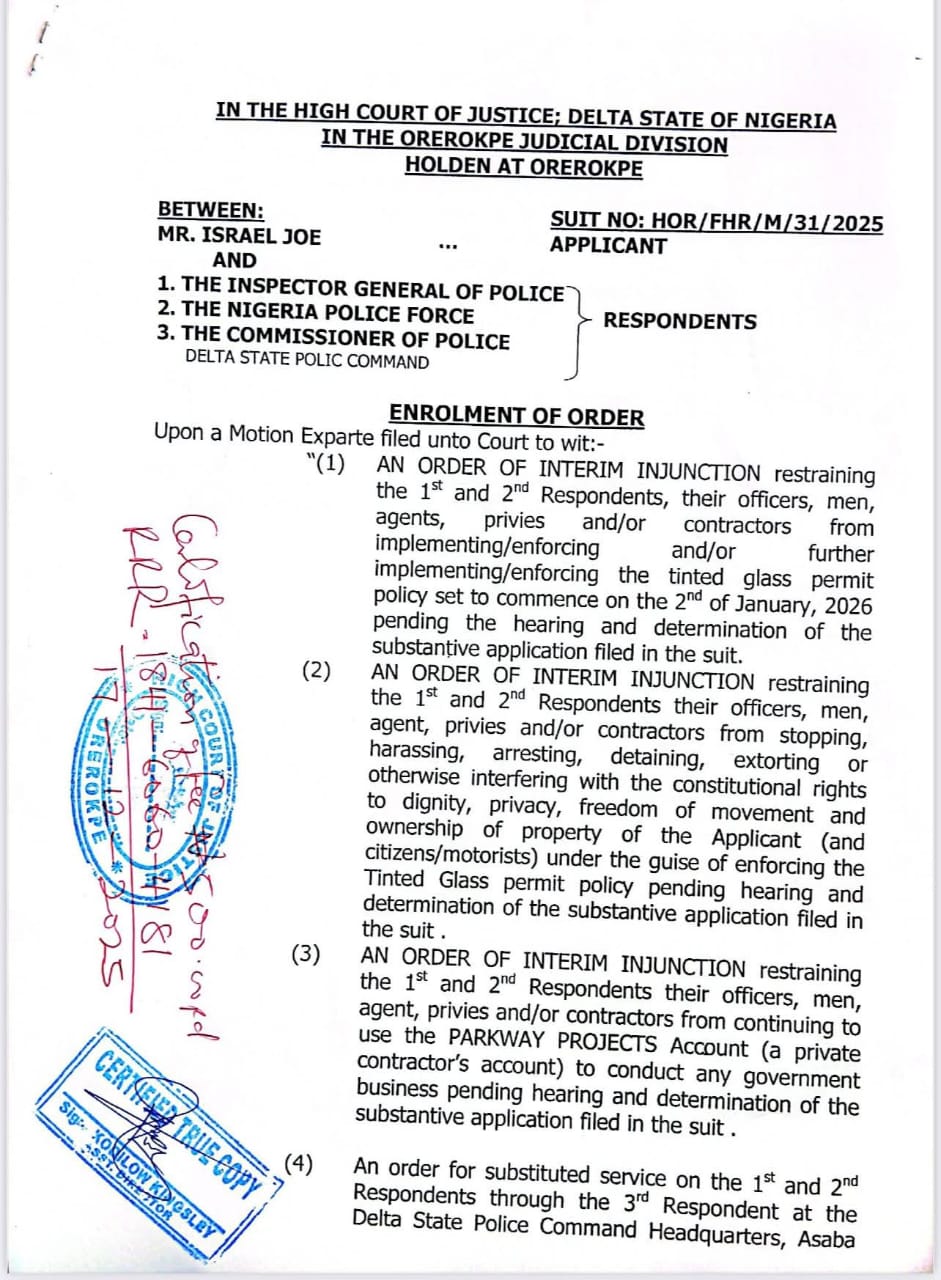BREAKING: Delta Court Grants Interim Injunction, Blocks Nigeria Police From Enforcing Tinted Glass Permit Policy