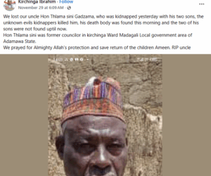 Boko Haram attacks Adamawa community, k!lls former councillor and abducts his two sons