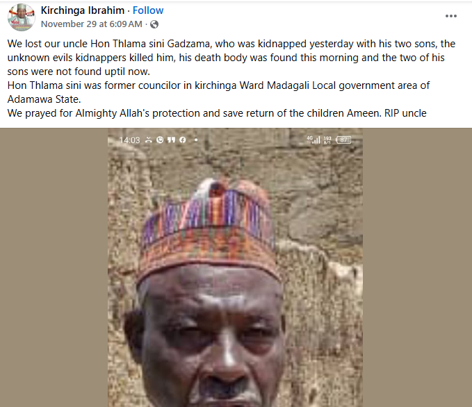 Boko Haram attacks Adamawa community, k!lls former councillor and abducts his two sons