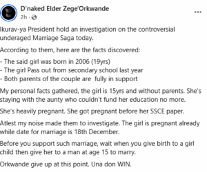 Benue community leaders probe alleged ‘underage marriage’ controversy, confirm bride-to-be’s age and parental consent