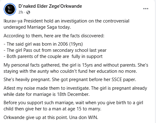 Benue community leaders probe alleged ‘underage marriage’ controversy, confirm bride-to-be’s age and parental consent