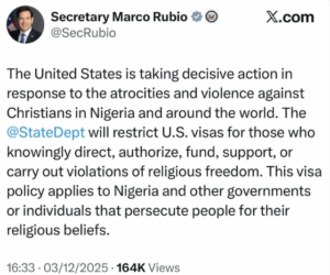 US to restrict visas for Nigerians ‘responsible for violating religious freedom’