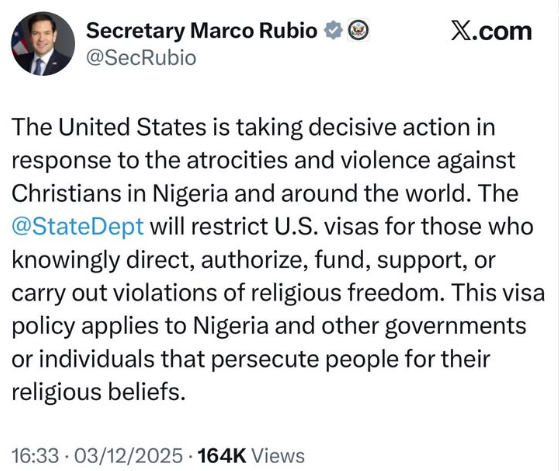US to restrict visas for Nigerians ‘responsible for violating religious freedom’