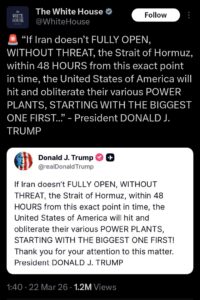 Trump issues 48-hour Hormuz Strait ultimatum, threatens Iran power plants