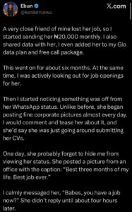 Woman discovers boyfriend secretly employed while she gave him ₦20k monthly