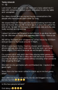 “Is this how people behave?” – Lady laments after stranger she dropped home at night...