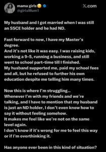 “He paid my school fees but I feel we’re no longer on the same level” – Lady drags ND...