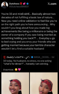 “You’re 33 and miserable” – Drama as netizen Calls Out lady for celebrating being...