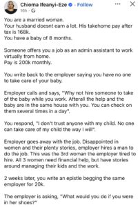 Woman turns down ₦200k remote job offer over baby, later begs employer for ₦20k
