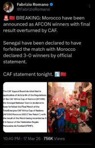 Morocco Named AFCON 2025 Champions After CAF Reverses Senegal's Victory