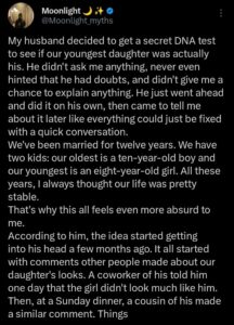 “He secretly did a DNA test on our daughter” — Woman considers divorce over trust crisis