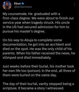Tragic loss: First class student and parents die, buried on same day