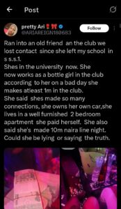 “Could she be lying?”- Lady shares amount ex-secondary friend earns as club worker