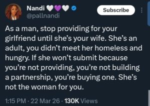 “Stop providing for your girlfriend” — Lady advises men, gives shocking reasons