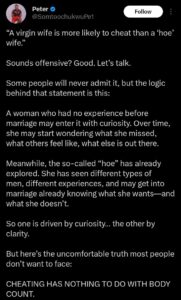 “Cheating has nothing to do with body count” — Man sparks heated debate on marriage values
