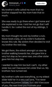 “Never beat a woman” — Siblings take turns to slap elder brother over assault on wife