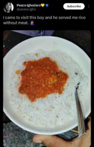 “He served me rice without meat” — Lady sparks online debate over visit meal