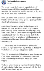 “The Lagos beggar that crossed my path will think twice next time” — Man recounts...