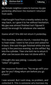“She borrowed my gas, finished it and asked me to return it again” — Resident recounts...