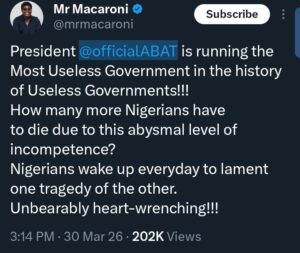 “Tinubu running most useless government in the history of useless Governments” — Mr...