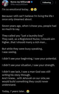 “They called him a laundry boy, but he became my pillar” — Nurse celebrates husband on...
