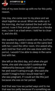 “Her loss tho” — Man recounts breakup after refusing to share bed with partner