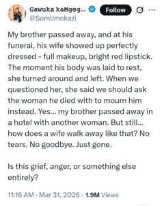 “Ask the woman he died with to mourn him” – Widow walks away from husband’s burial