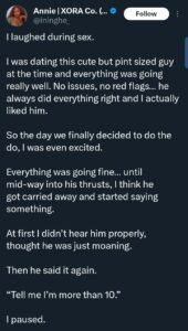 “Why I laughed during sex, which made my man break up with me” — Lady