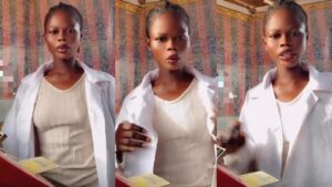 “All the no entry” – Lady laments unemployment, turns lab coat into ‘Baba Ijebu’ hustle